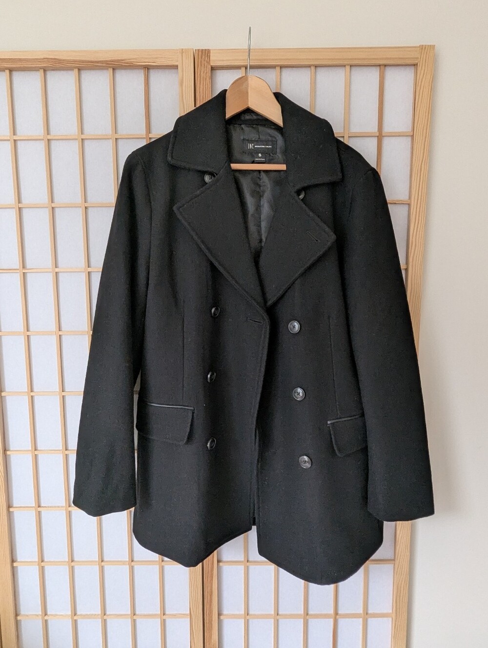 INC International Concepts Men's Black Double-Breasted Wool Peacoat